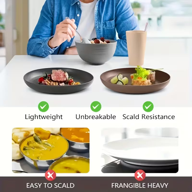32pcs Kitchen Plastic Wheat Straw Tableware Set, 8 People, Plates, Dessert Plates, Cereal Bowls, Cups, Unbreakable Black Plastic Outdoor Camping Tableware, Kitchen Accessories, Black Wheat Straw