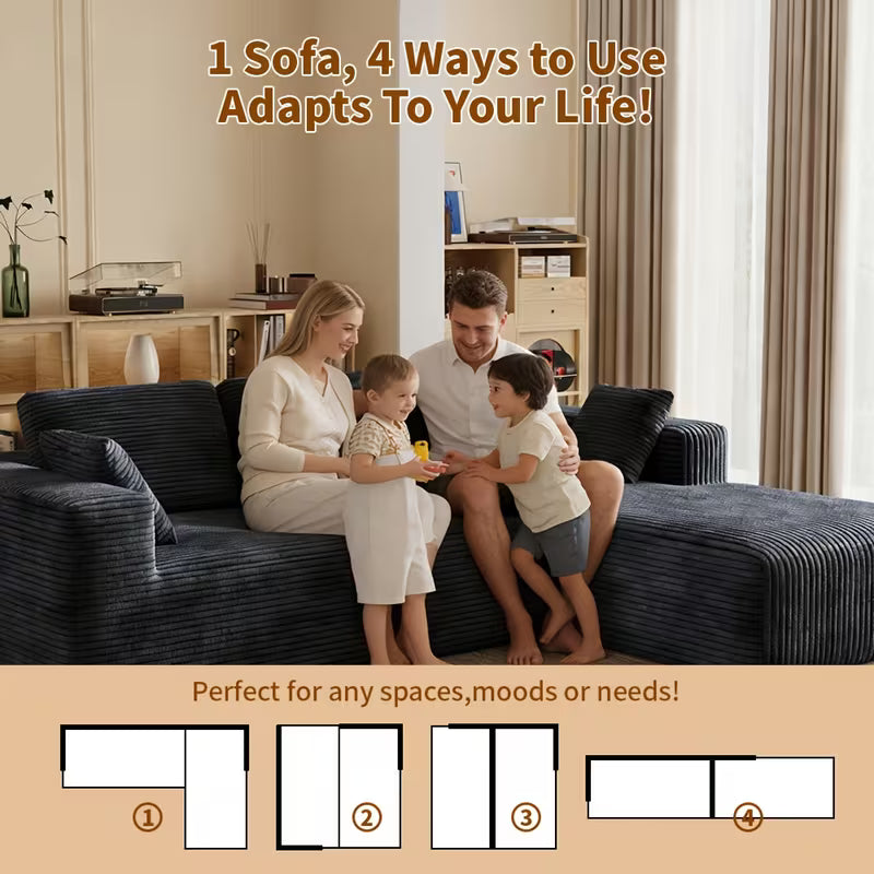 Extra Large L-Shaped Sofa With Right-Side Chaise, Minimalist Compressed Frame, No Assembly Required, Modular Cloud Combination Couch For Living Room & Bedroom, Plush Corduroy Fabric.