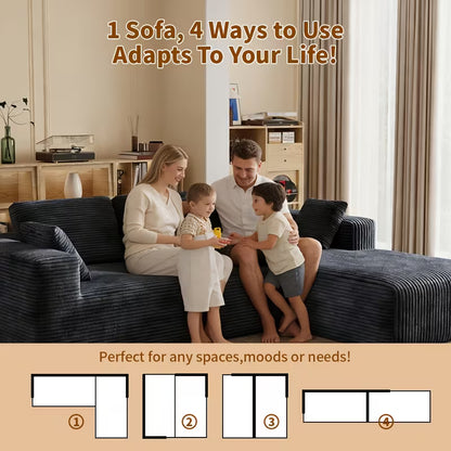 Extra Large L-Shaped Sofa With Right-Side Chaise, Minimalist Compressed Frame, No Assembly Required, Modular Cloud Combination Couch For Living Room & Bedroom, Plush Corduroy Fabric.