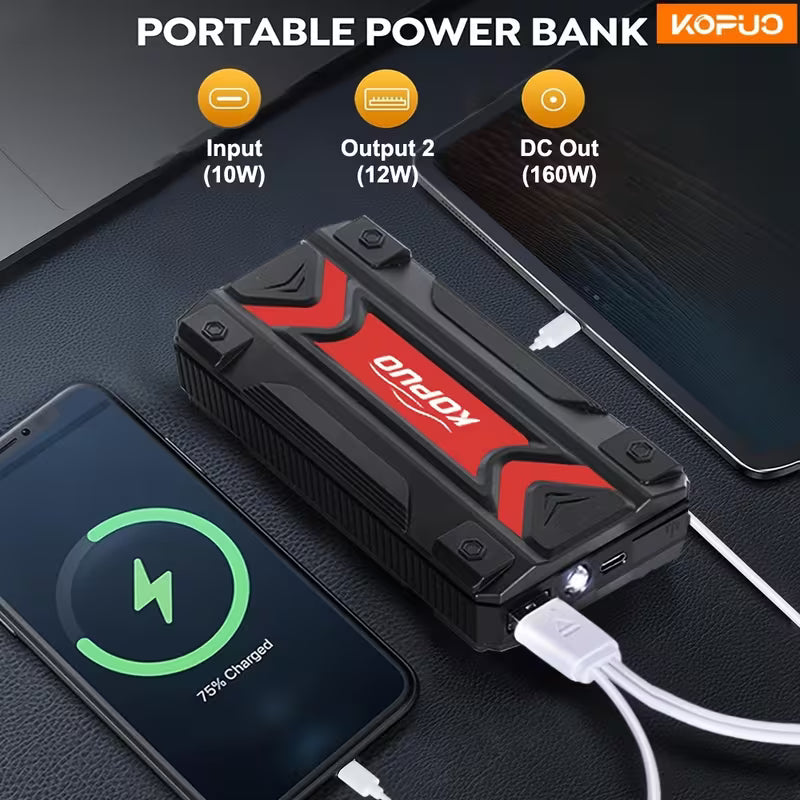 12V Battery Booster Charger - with Flashlight - for Cars, Motorcycles, SUVs