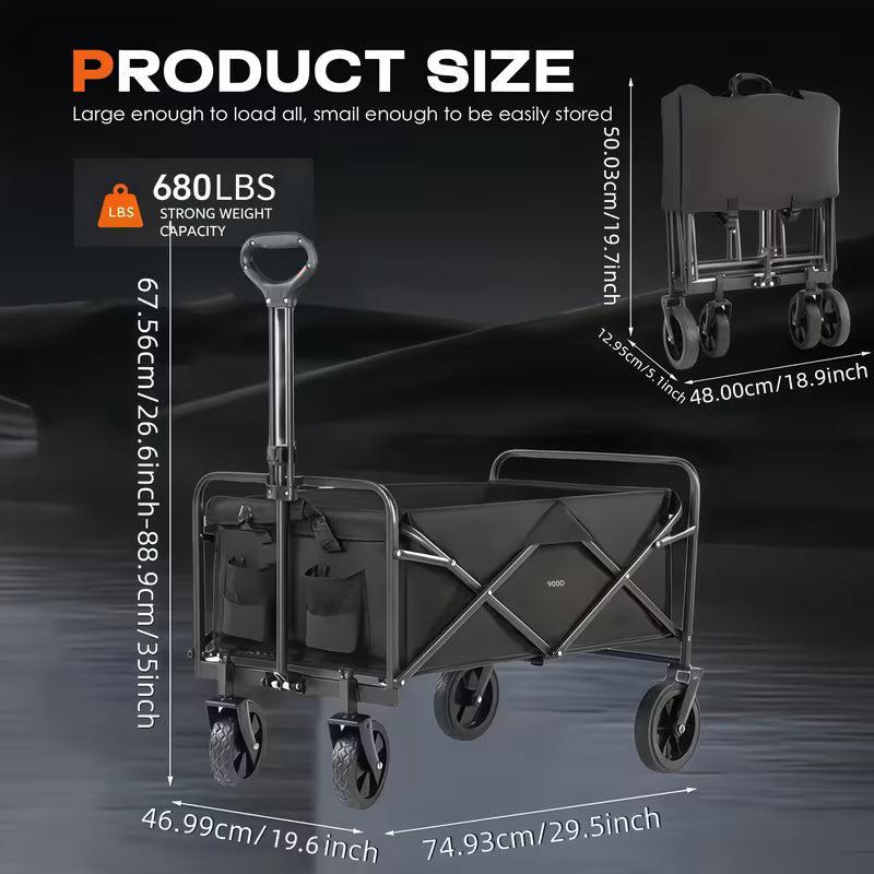 680LBS All Terrain Heavy Duty Folding Cart, Large Capacity Camper Suitable for Yard Shopping/ Sports/ Outdoor/ Gardening Equipment Handling, Black Multifunctional Utility Cart