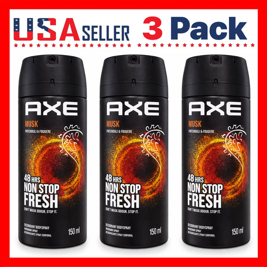 AXE Deodorant Body Spray Musk x [3 Pack] 5 oz (150 ml) Long-Lasting Fresh Scent for Men, Everyday Odor Protection, Confidence-Boosting Masculine Fragrance Spray, Daily Body Spray for Work, Gym, Travel & Casual Use