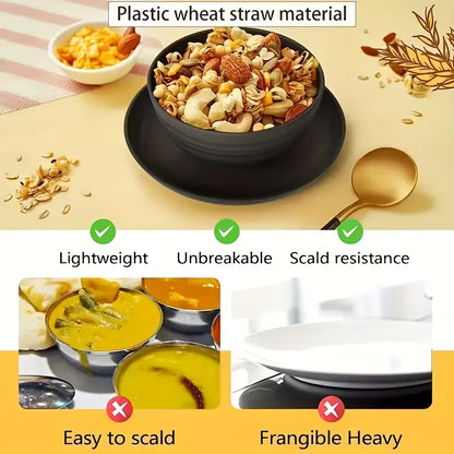 32pcs Kitchen Plastic Wheat Straw Tableware Set, 8 People, Plates, Dessert Plates, Cereal Bowls, Cups, Unbreakable Black Plastic Outdoor Camping Tableware, Kitchen Accessories, Black Wheat Straw