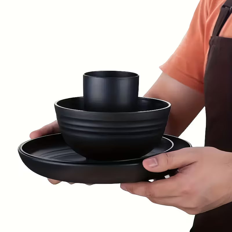 32pcs Kitchen Plastic Wheat Straw Tableware Set, 8 People, Plates, Dessert Plates, Cereal Bowls, Cups, Unbreakable Black Plastic Outdoor Camping Tableware, Kitchen Accessories, Black Wheat Straw