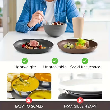 32pcs Kitchen Plastic Wheat Straw Tableware Set, 8 People, Plates, Dessert Plates, Cereal Bowls, Cups, Unbreakable Black Plastic Outdoor Camping Tableware, Kitchen Accessories, Black Wheat Straw