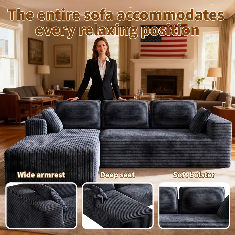 Extra Large L-Shaped Sofa With Right-Side Chaise, Minimalist Compressed Frame, No Assembly Required, Modular Cloud Combination Couch For Living Room & Bedroom, Plush Corduroy Fabric.