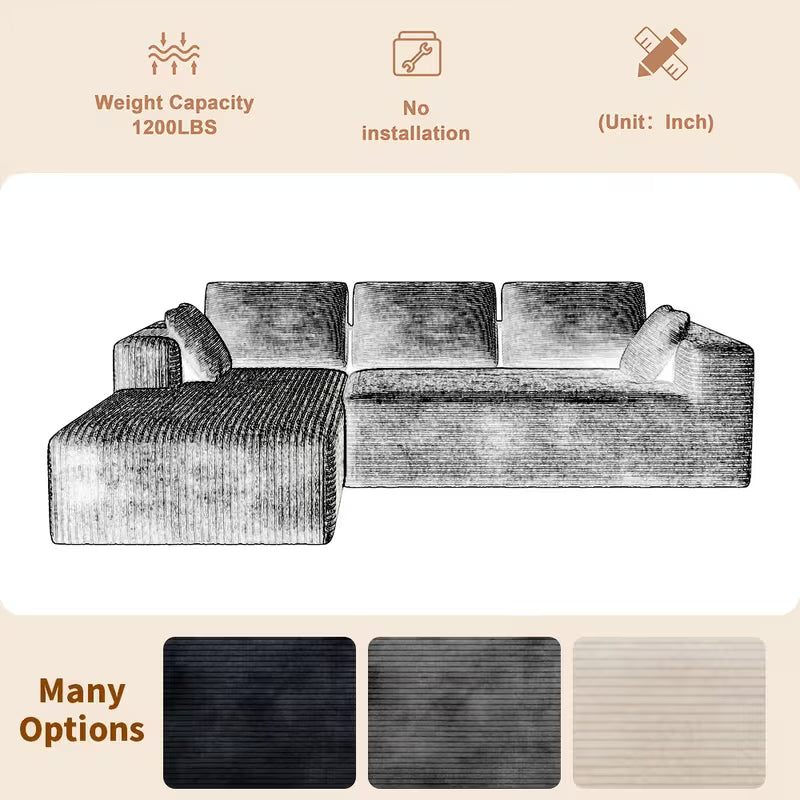 Extra Large L-Shaped Sofa With Right-Side Chaise, Minimalist Compressed Frame, No Assembly Required, Modular Cloud Combination Couch For Living Room & Bedroom, Plush Corduroy Fabric.