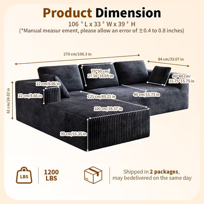 Extra Large L-Shaped Sofa With Right-Side Chaise, Minimalist Compressed Frame, No Assembly Required, Modular Cloud Combination Couch For Living Room & Bedroom, Plush Corduroy Fabric.