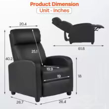 Massage Recliner Sofa with Lumbar Support and Adjustable Backrest for Living Room or Bedroom in Black Leather