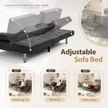 Convertible Folding Futon Sofa Bed Sleeper Couch for Living Room Faux Leather Upholstered Loveseat w/Removable Armrests