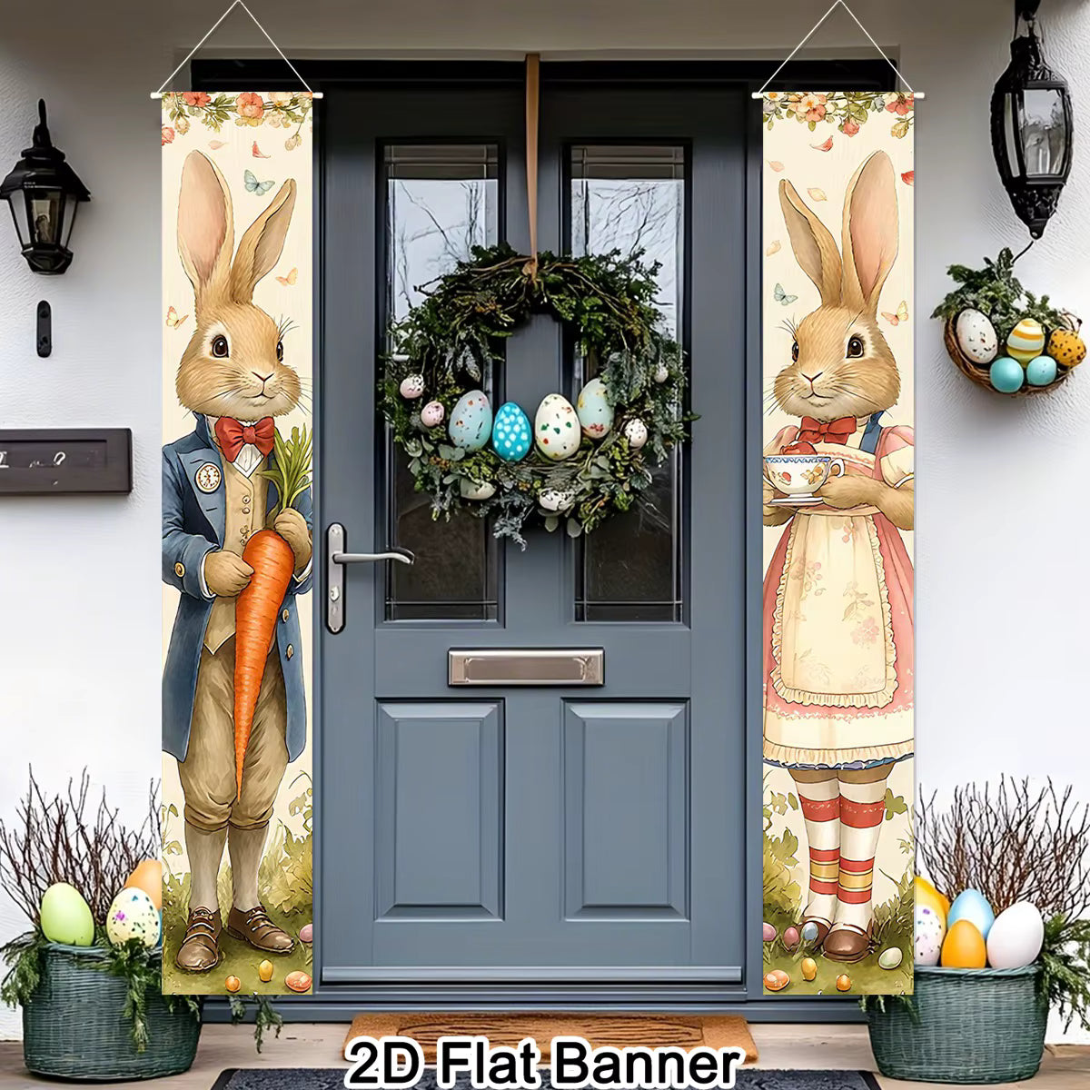 2pcs Happy Easter Bunny Door Banners Polyester Easter Egg Holiday Flags for Outdoor Indoor Spring Holiday Easter Decoration 2026