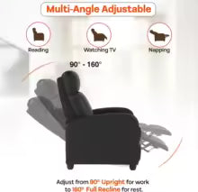 Massage Recliner Sofa with Lumbar Support and Adjustable Backrest for Living Room or Bedroom in Black Leather