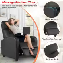 Massage Recliner Sofa with Lumbar Support and Adjustable Backrest for Living Room or Bedroom in Black Leather