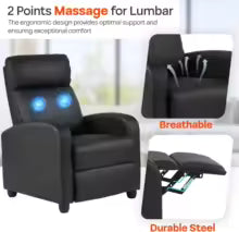 Massage Recliner Sofa with Lumbar Support and Adjustable Backrest for Living Room or Bedroom in Black Leather