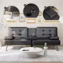 Convertible Folding Futon Sofa Bed Sleeper Couch for Living Room Faux Leather Upholstered Loveseat w/Removable Armrests