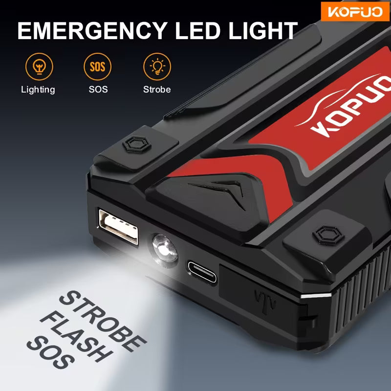 12V Battery Booster Charger - with Flashlight - for Cars, Motorcycles, SUVs
