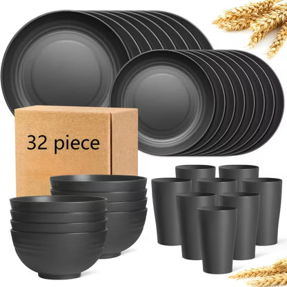 32pcs Kitchen Plastic Wheat Straw Tableware Set, 8 People, Plates, Dessert Plates, Cereal Bowls, Cups, Unbreakable Black Plastic Outdoor Camping Tableware, Kitchen Accessories, Black Wheat Straw