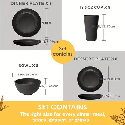 32pcs Kitchen Plastic Wheat Straw Tableware Set, 8 People, Plates, Dessert Plates, Cereal Bowls, Cups, Unbreakable Black Plastic Outdoor Camping Tableware, Kitchen Accessories, Black Wheat Straw