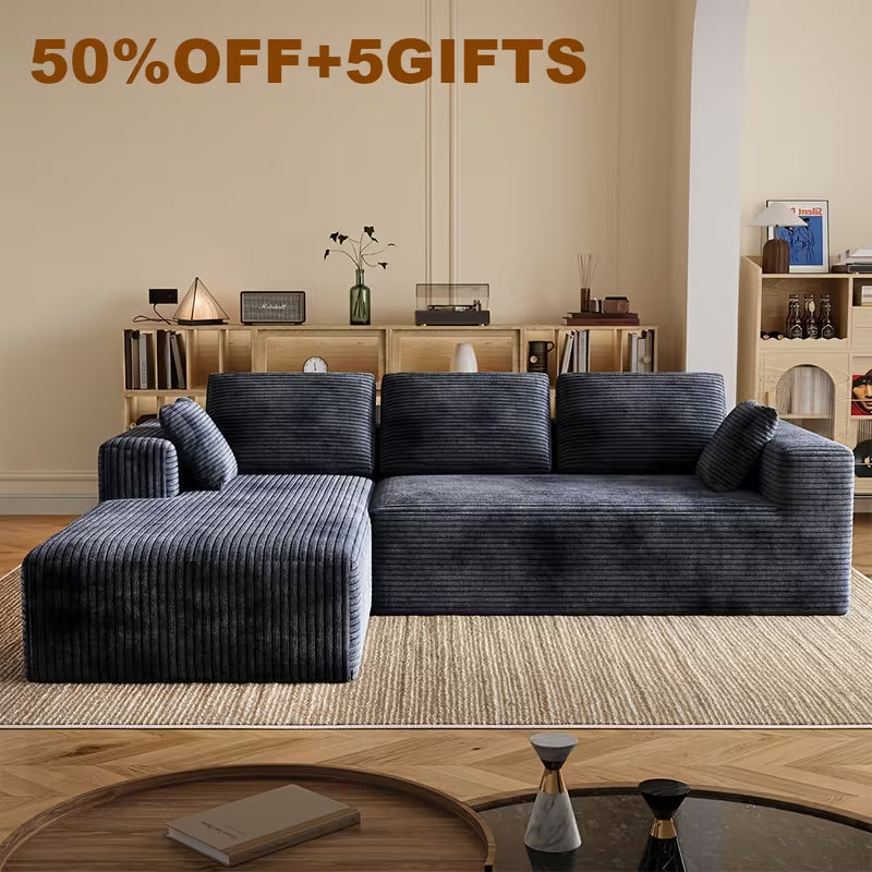 Extra Large L-Shaped Sofa With Right-Side Chaise, Minimalist Compressed Frame, No Assembly Required, Modular Cloud Combination Couch For Living Room & Bedroom, Plush Corduroy Fabric.
